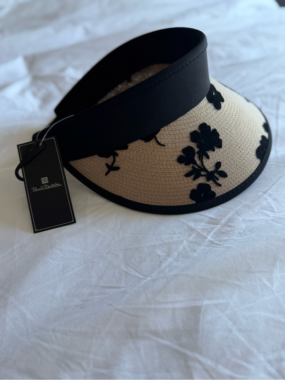 Renato Balestra Cream Straw Visor Black Trim Floral 100% Paper Made in Italy New